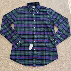 NWT Brooks Brothers Plaid Flannel Green Blue Regent Fit Button Down Shirt Small